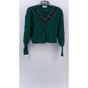 CARROLL REED Women's Vintage 70's Green 3D Floral Knit Button-Up Cardigan SZ S